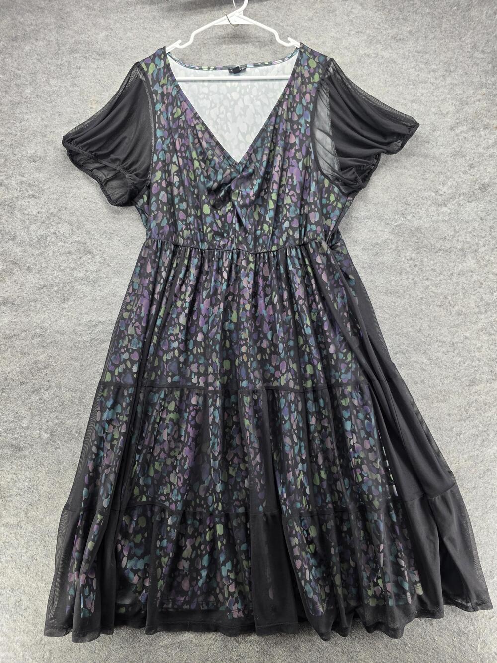 Torrid Dress Womens 4 Black Animal Print Mesh Fit Flare Puff Sleeve Knee Length